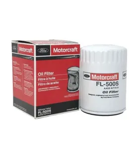 Filtro de aceite Motorcraft FL-500S genuino para motores Ford F-150, Explorer y Mustang, carcasa blanca con válvula de silicona.