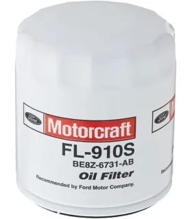 Filtro de aceite Motorcraft FL-910S original para vehículos Ford, con válvula de silicona y carcasa blanca.
