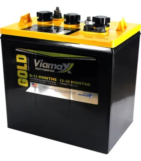 Batería de ciclo profundo Viamax Gold de 6 Voltios y 225 Amperios, ideal para sistemas de inversores y respaldo de energía.