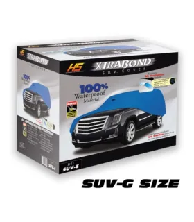 Lona protectora 100% impermeable HS 04485 tamaño SUV-G, ideal para vehículos de gran tamaño como Infiniti QX80 y Toyota Sequoia.