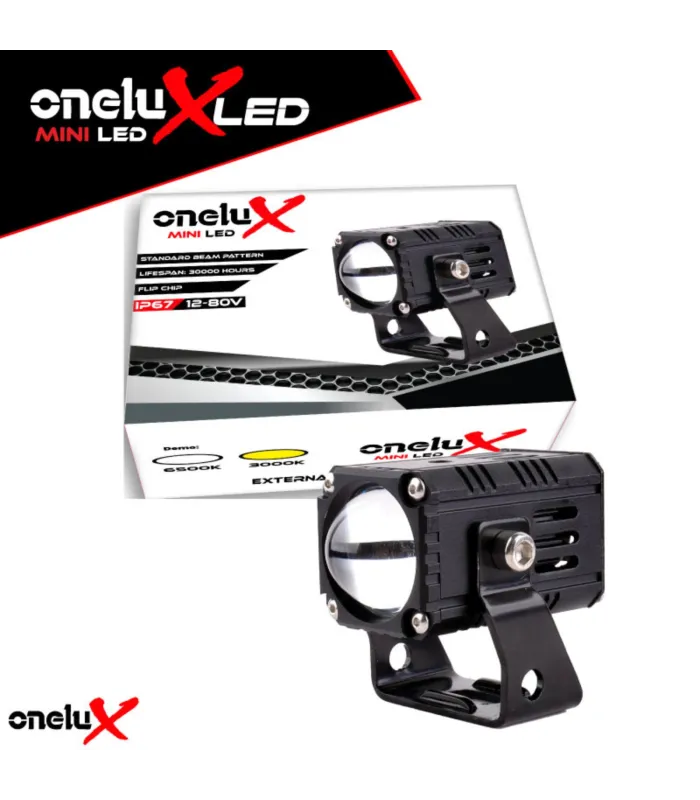 Proyector Mini LED Onelux HL Doble Tono 3000K Ambar 6500K Blanco Universal 12V 80V Foco Auxiliar OX-MINI/2, En caja.