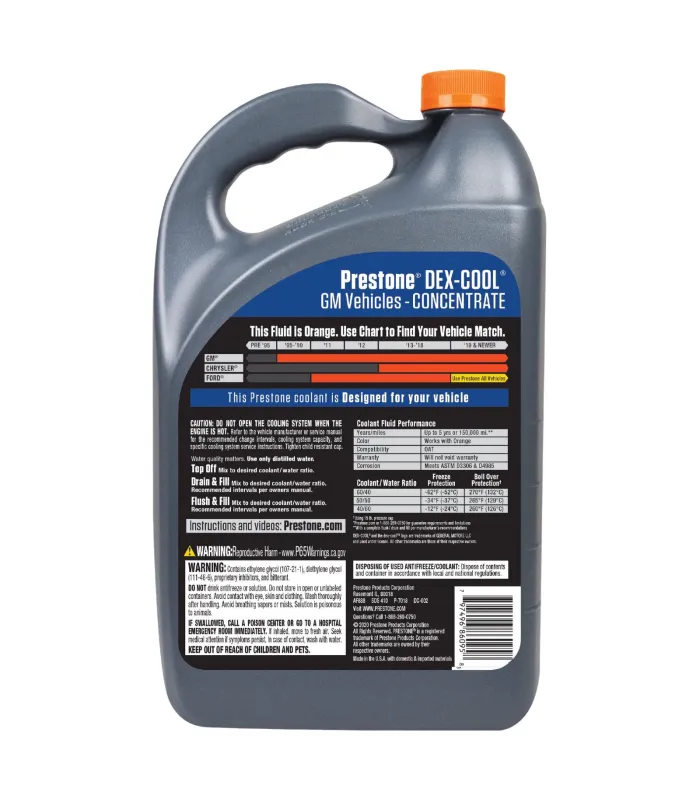 Galón de Coolant Prestone Dex-Cool GM Concentrado AF-888 aprobado por General Motors, Reverso.