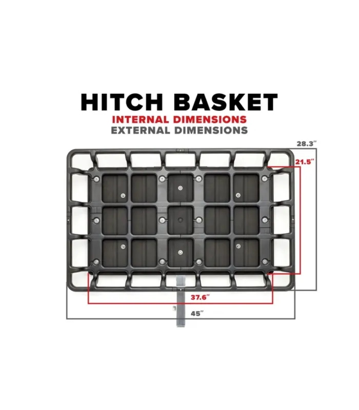 Diagrama técnico del canasto de remolque WeatherTech mostrando sus dimensiones internas y externas