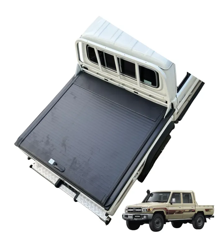 Vista superior del cobertor de cama Land Cruiser cerrada, mostrando la textura de las lamas de aluminio
