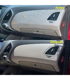 Comparativa Antes y Después de la restauración del tablero de un Hyundai Tucson, eliminando el cuarteo y grietas.