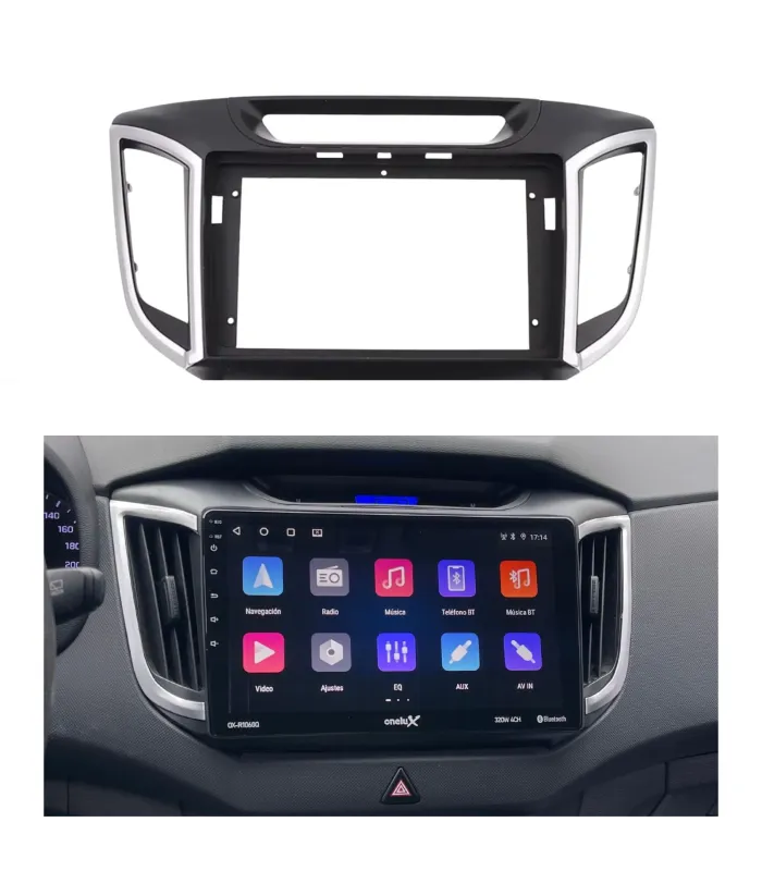Facia de 10 pulgadas instalada en el tablero de un Hyundai Cantus, mostrando la integración de la pantalla multimedia.