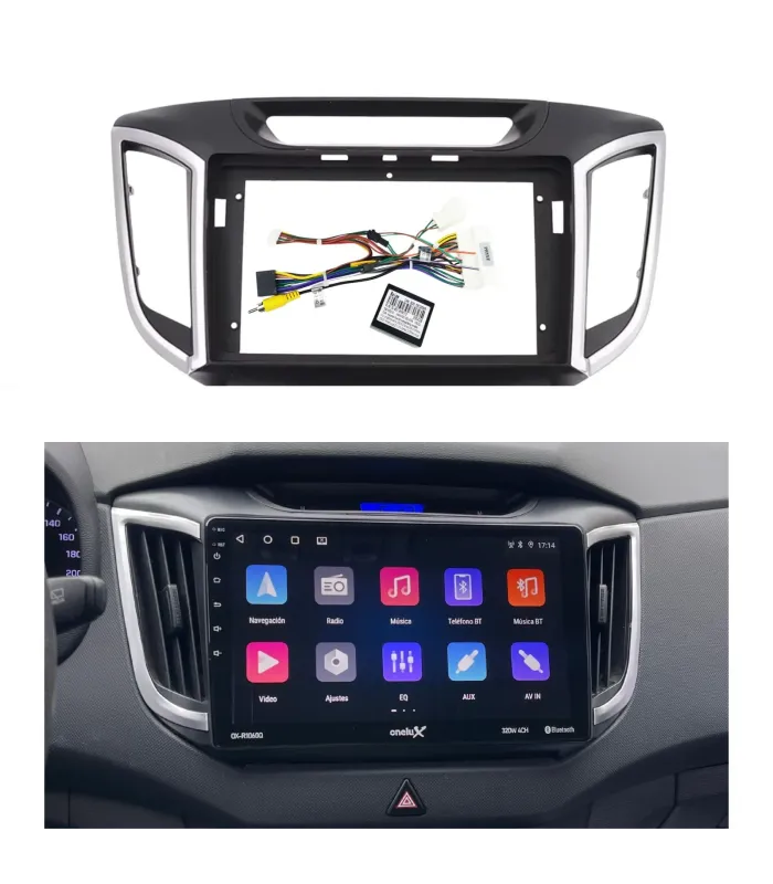 Vista frontal de la facia de 10 pulgadas para Hyundai Cantus, con el arnés Plug and Play y el módulo CANBUS.