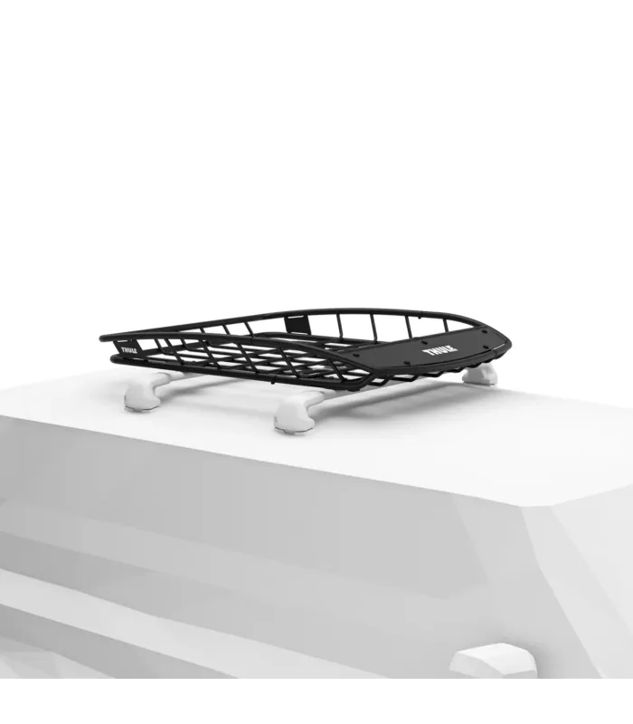 Canasta de techo Thule de diseño aerodinámico en color negro, ideal para equipaje y montada sobre barras transversales.