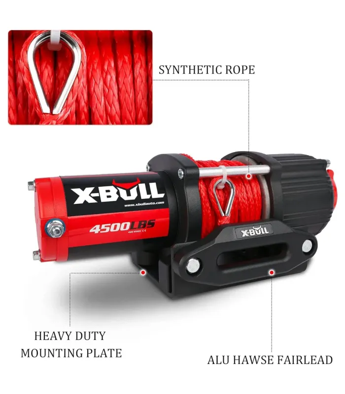 Winche eléctrico X-Bull 4500 Lbs con cuerda sintética, motor de 1.5 HP y resistencia al agua IP66.