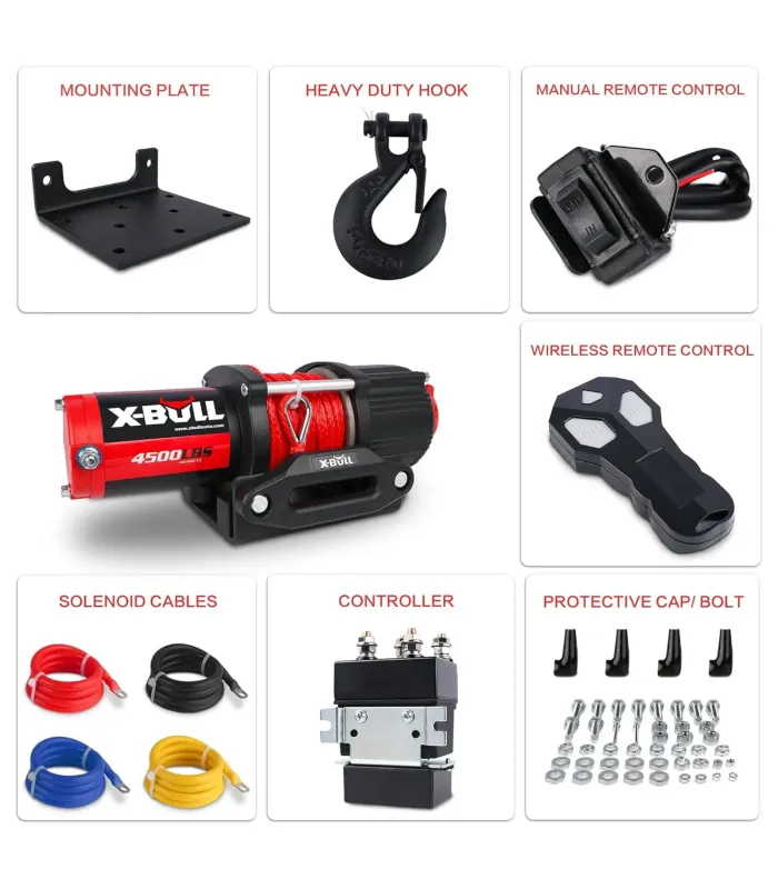 Winche eléctrico X-Bull 4500 Lbs con cuerda sintética, motor de 1.5 HP y resistencia al agua IP66.
