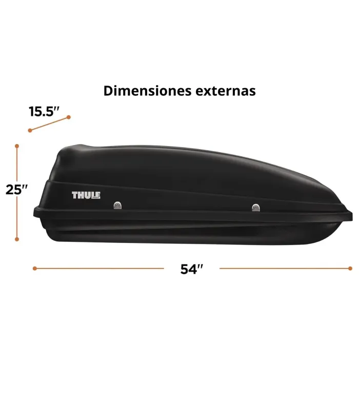Diagrama con las dimensiones externas del Thule Sidekick: 54 pulgadas de largo, 25 pulgadas de ancho y 15.5 pulgadas de alto.