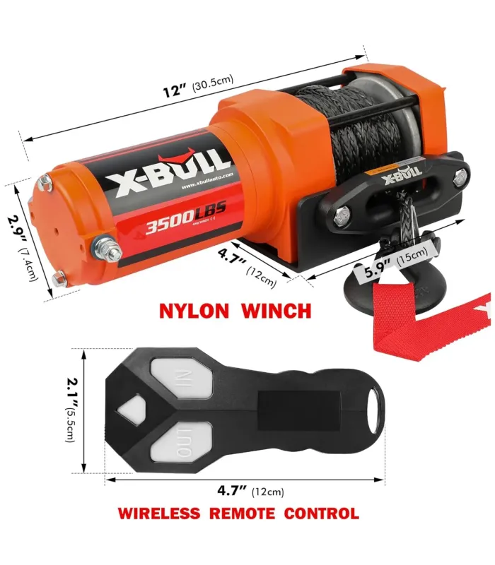 Winche eléctrico X-Bull de 3500 libras con detalles de dimensiones del control remoto inalámbrico y el gancho de horquilla.