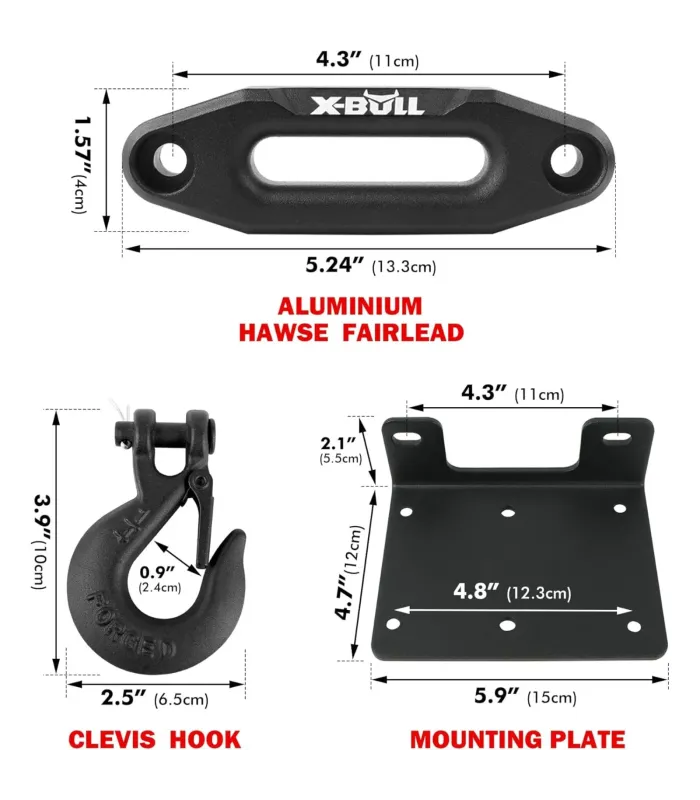 Diagrama de las dimensiones de la guía hawse de aluminio, el gancho y la placa de montaje del winche X-Bull.