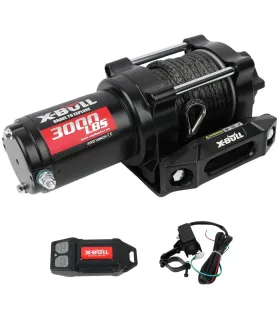 Winche eléctrico X-Bull 3000 Lbs, mostrando el motor de 1.2 HP, cable sintético y diseño de engranaje 171:1.