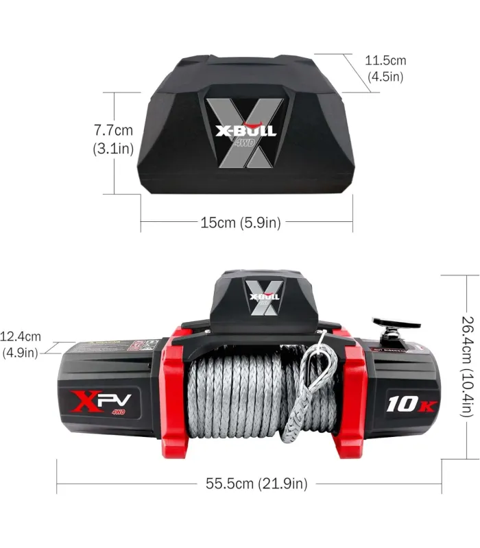 Winche eléctrico X-Bull de 10,000 libras con cable sintético, clasificación IP67 y control remoto multifuncional.