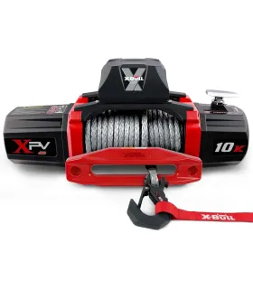 Winche eléctrico X-Bull de 10,000 libras con cable sintético, clasificación IP67 y control remoto multifuncional.