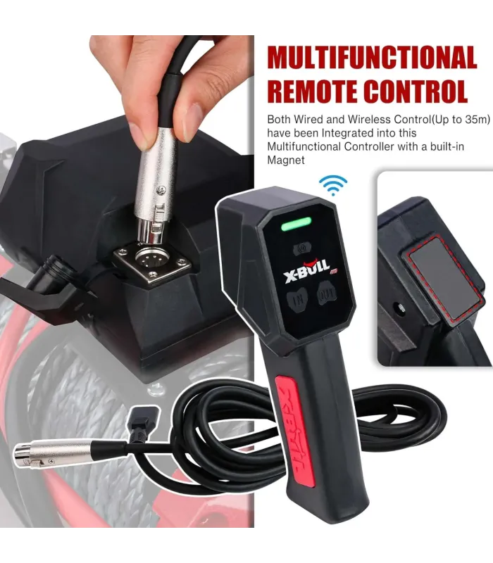 Winche eléctrico X-Bull de 10,000 libras con cable sintético, clasificación IP67 y control remoto multifuncional.