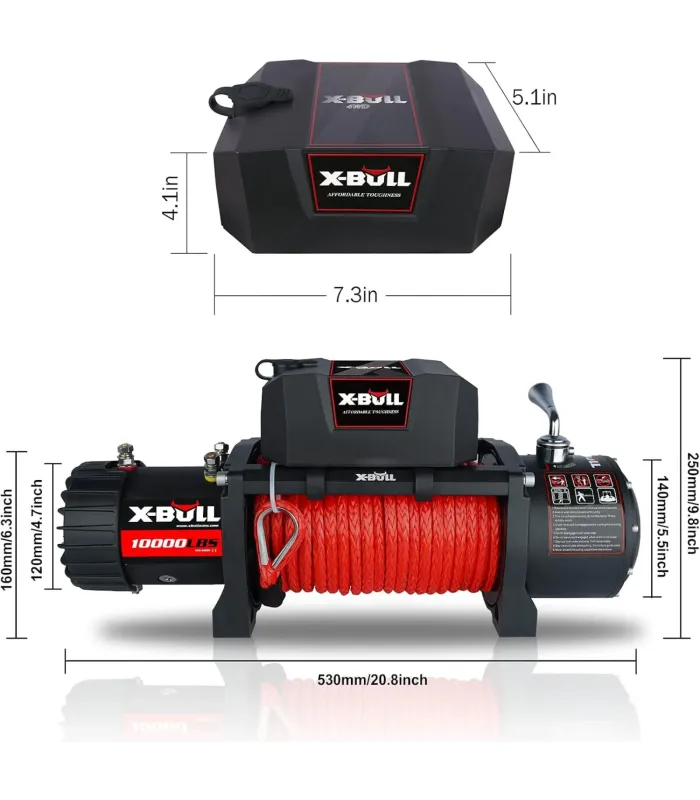 Vista superior e inferior del winch X-Bull 10000, mostrando el cable sintético y el gancho.