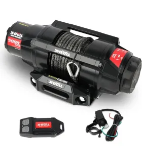 Winche X-Bull 5000 lbs con cuerda sintética, resistente al agua IP68, ideal para vehículos todoterreno.