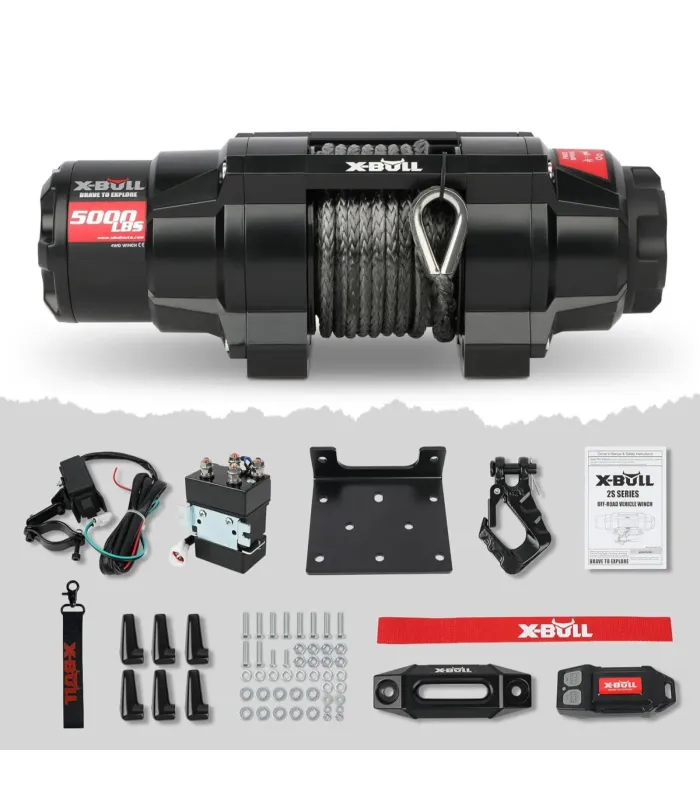 Vista lateral del winche eléctrico X-Bull Serie 2S con cable sintético y motor de alto par."