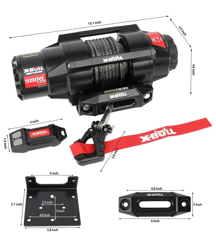 "Detalle del gancho de remolque del winche X-Bull 5000 lb, apto para uso en 4x4 y ATV."
