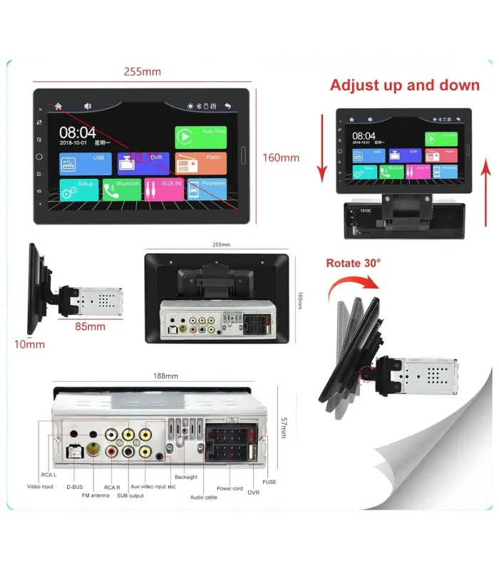 Pantalla táctil EKAT de 10.1 pulgadas desmontable con interfaz CarPlay y Android Auto."