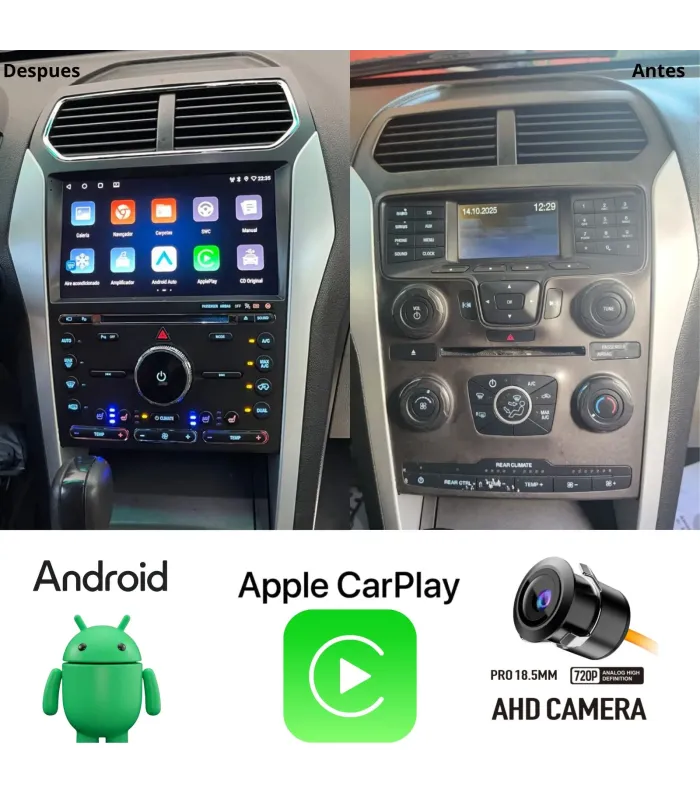 Combo Radio Pantalla Onelux 10 QLED Ford Explorer 2011 a 2019 Apple CarPlay Android Auto Cámara HD e Instalación Incluida