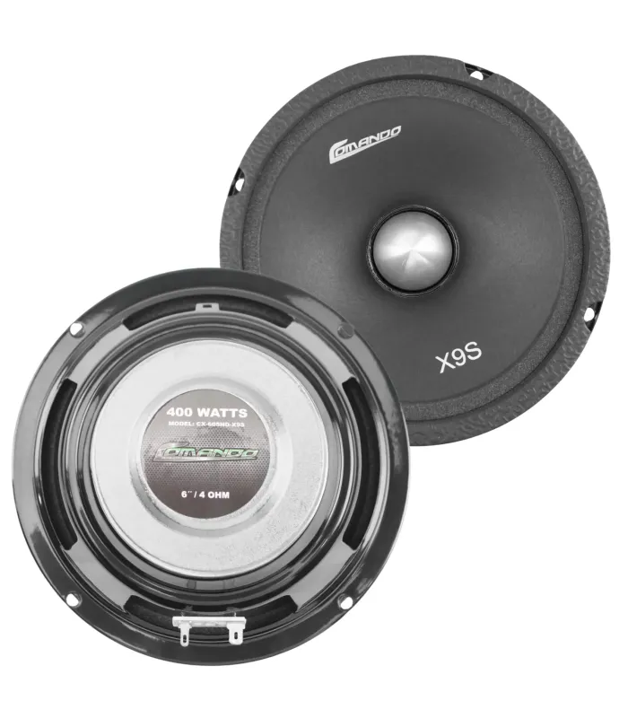 Par de bocinas comando CX-605ND-X9S de 6.5 pulgadas, una superpuesta sobre la otra, mostrando Frente y Reverso