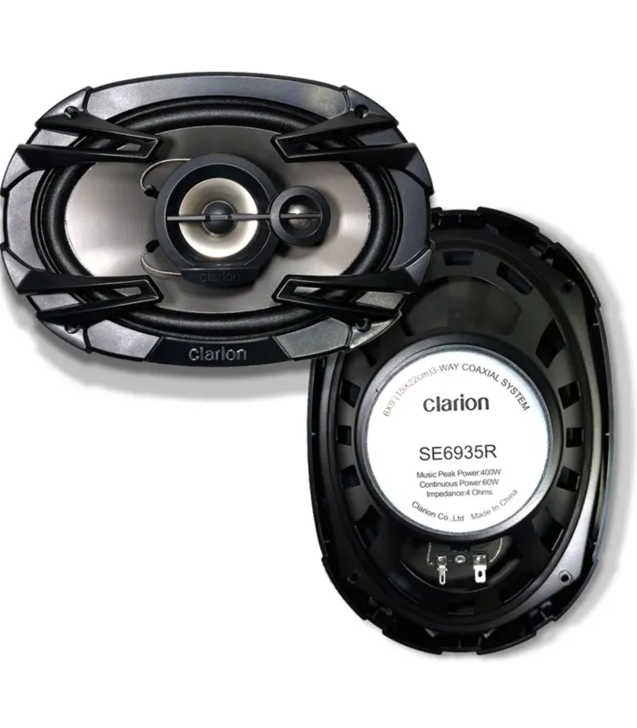 Bocinas coaxiales Clarion SE6935R de 6x9 pulgadas, 3 vías y 400W, con rejilla de protección y cono MIPP.