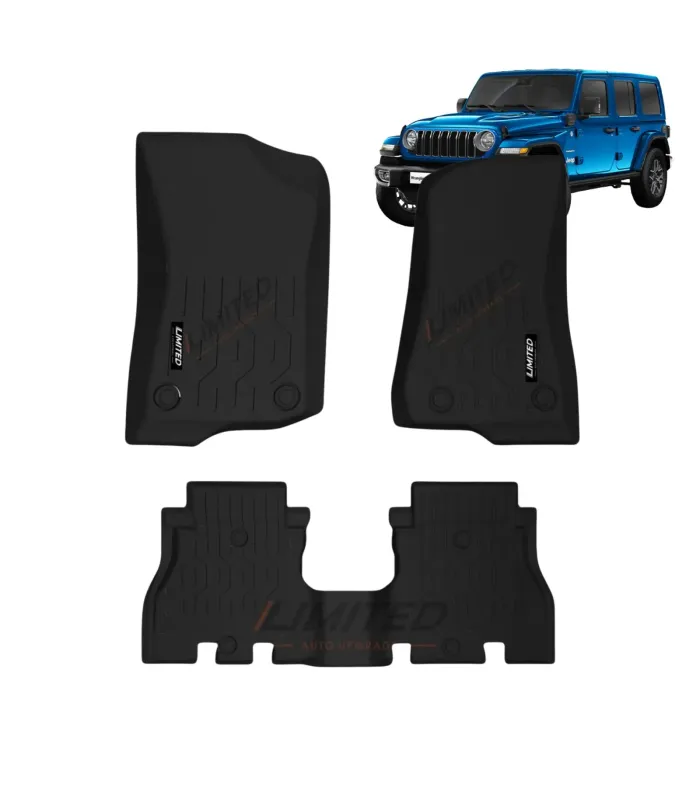 Set de alfombras tipo bandeja LIMITED de ajuste a medida en color negro para Jeep Wrangler 2018-2023.