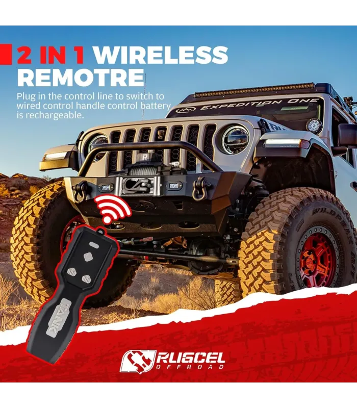 Winche eléctrico RUGCEL TANK de 20,000 libras con cable de acero, motor 7.8 HP y clasificación IP68.