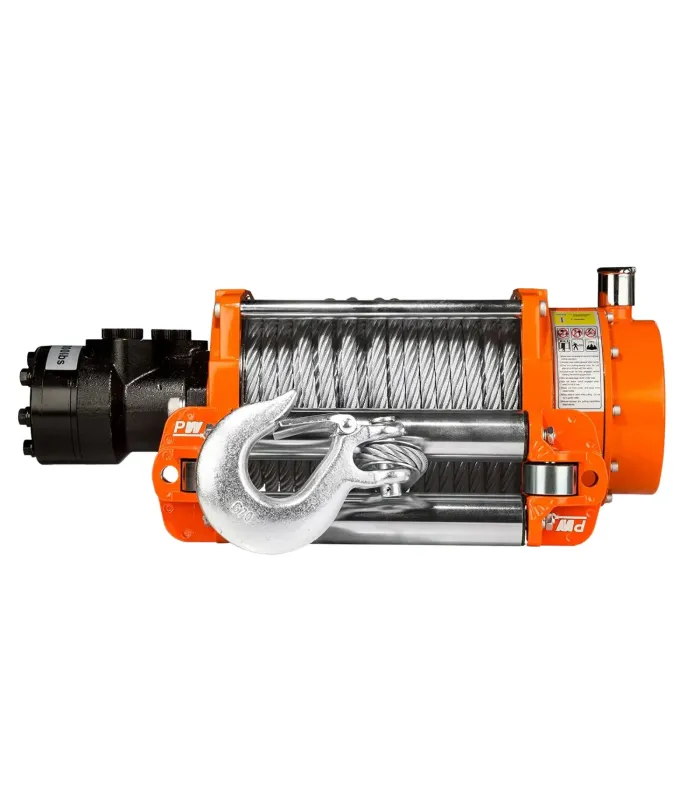 Cabrestante hidráulico industrial Prowinch de 10 toneladas, color naranja brillante, con el tambor de cable expuesto.