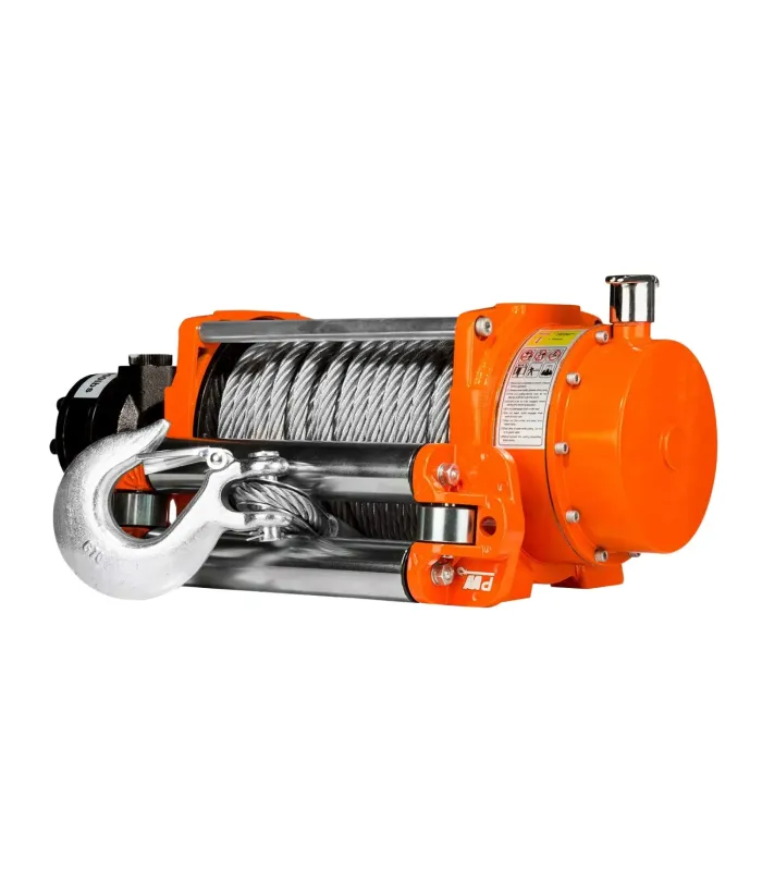 Winche hidráulico Prowinch de 20,000 libras (10 toneladas) con cable de acero y gancho, vista frontal.