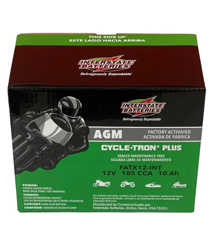 Bateria Interstate Cycle-Tron Plus AGM FATX12-INT 12V Motocicletas Alto Rendimiento, mostrada en su caja.
