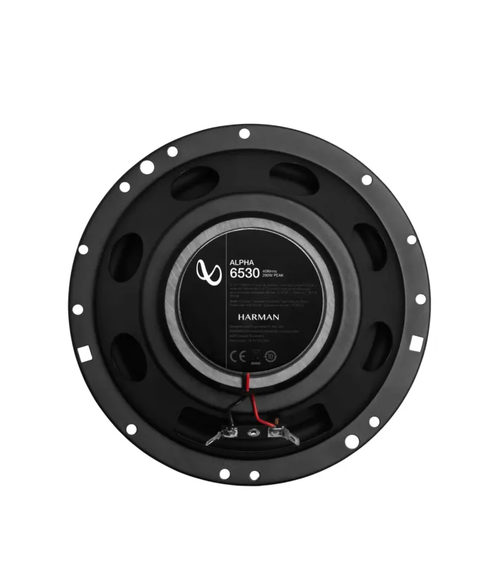 Bocinas coaxiales Infinity Alpha 6530 de 6.5 pulgadas y 3 vías, con cono de polipropileno y 290W, muestra el iman.