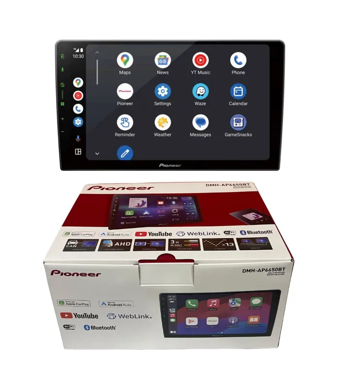Receptor multimedia Pioneer DMH-AP6650BT con pantalla de 9 pulgadas, mostrando su caja.