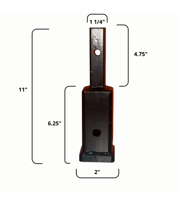 Adaptador de enganche de remolque recto de 1.25 a 2 pulgadas, vista frontal del receptor, detalla las medidas.
