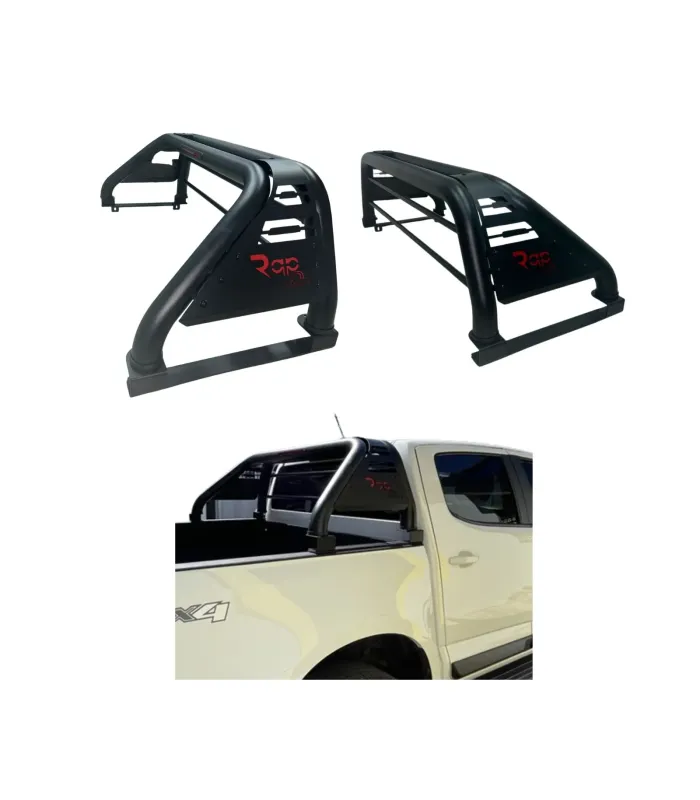 Barra antivuelco negra marca RAP para camionetas Toyota Hilux, Nissan Frontier y Ford Ranger, muestra una instalación.