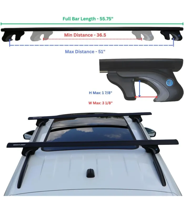 Perfil aerodinámico tipo ala de las barras BrightLines diseñado para reducir ruido y resistencia al viento, muestra las medidas.