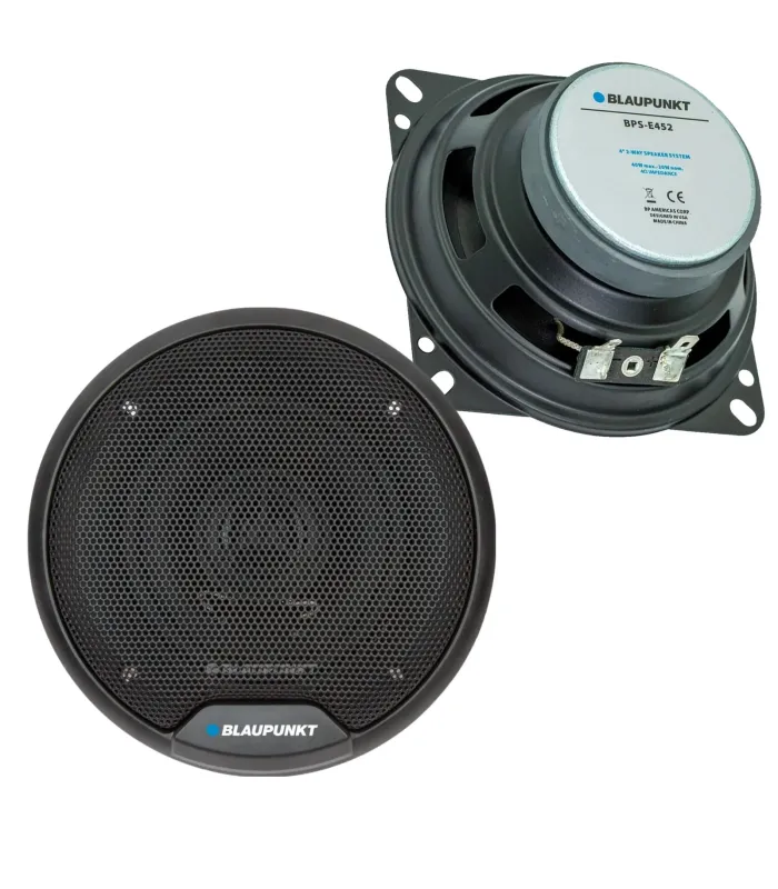 Par de bocinas coaxiales Blaupunkt BPS-E452 de 4 pulgadas y 2 vías, con rejillas protectoras y tweeter de neodimio.
