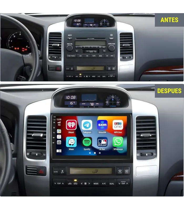 Comparación Antes y Después del tablero de Toyota Prado 2003-2009, mostrando el cambio.