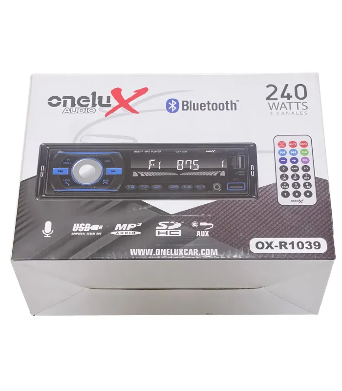 Radio 1-DIN Onelux OX-R1039 Receptor Multimedia con Bluetooth USB , muestra embalaje de frente.
