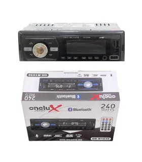 Radio 1-DIN Onelux OX-R1039 Receptor Multimedia con Bluetooth USB , muestra una física y su caja.