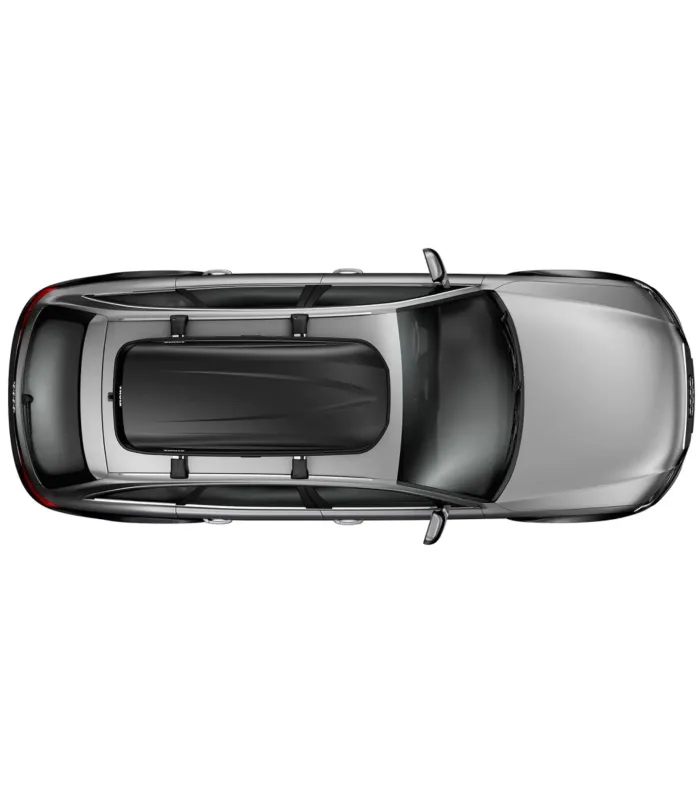 Baúl de techo Thule Pulse L 615100 en color negro mate, capacidad de 453 litros instalado en vehículo.