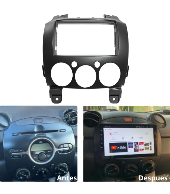 Combo multimedia Android 9 pulgadas QLED instalado en Mazda Demio 2008-2014 con CarPlay y camara de reversa