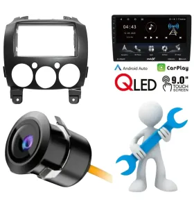 Combo multimedia Android 9 pulgadas QLED instalado en Mazda Demio 2008-2014 con CarPlay y camara de reversa