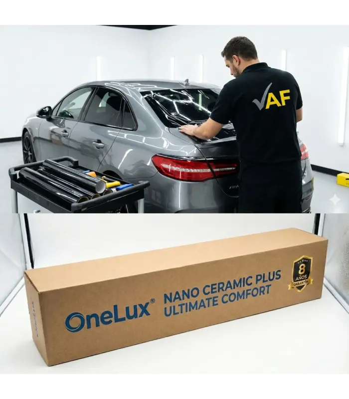 Instalación de laminado nano cerámica Onelux Plus, muestra proceso de instalación y caja del rollo.