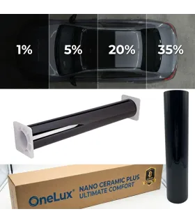 Rollo de papel ahumado Onelux Nano Ceramic Plus Ultimate Comfort caja original, muestra rollos y tonalidades.