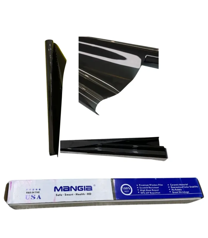 Rollo papel ahumado Nano Carbon HD Mangia HQ 60x200 pies no fading control solar, muestra caja.