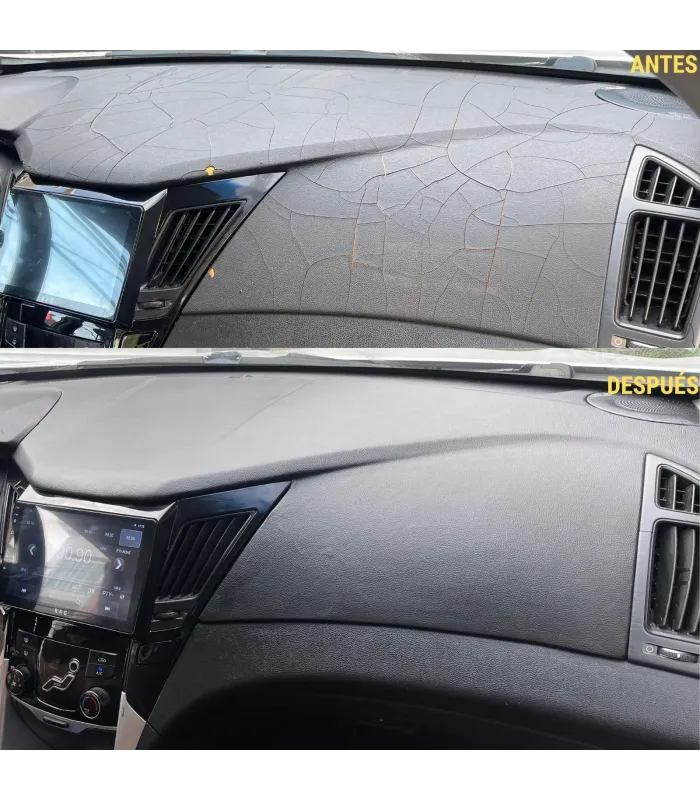 Restauración y tapizado de tablero automotriz tecnología peruana antes y después reparación grietas, realizado a Hyundai Sonata.